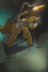 Size: 700x1050 | Tagged: safe, artist:noben, oc, oc only, pony, unicorn, fallout equestria, goggles, gun, male, solo