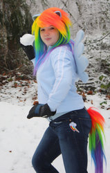 Size: 712x1121 | Tagged: safe, artist:bluepaws21, rainbow dash, human, g4, clothes, cosplay, gloves, irl, irl human, jeans, photo, snow, solo