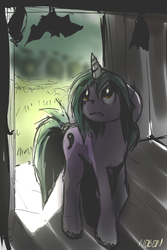 Size: 700x1050 | Tagged: safe, artist:noben, oc, oc only, bat, pony, unicorn, animal, barn, dark, door, male, solo