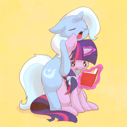 Size: 800x800 | Tagged: safe, artist:pukapukapu, trixie, twilight sparkle, pony, unicorn, g4, alternate hairstyle, book, bow, cute, diatrixes, featured image, female, glowing horn, hair bow, horn, inconvenient trixie, magic, ponies riding ponies, reading, riding, telekinesis, trixie riding twilight, twiabetes, whining