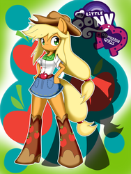 Size: 800x1066 | Tagged: safe, artist:rougebat, applejack, equestria girls, g4, eared humanization, female, humanized, pixiv, ponied up, solo, tailed humanization