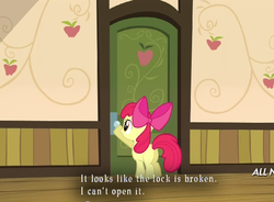 Size: 625x461 | Tagged: safe, apple bloom, g4, my little pony: friendship is magic, somepony to watch over me, apple closet, broken lock, door, exploitable meme, female, konami, meme, silent hill, solo