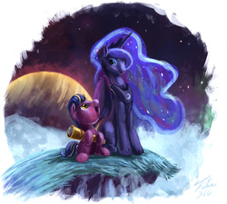 Size: 900x811 | Tagged: safe, artist:tsitra360, princess luna, oc, alicorn, earth pony, pony, g4, duo, female, foal, mare, planet, telescope