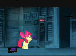 Size: 625x461 | Tagged: safe, apple bloom, g4, my little pony: friendship is magic, somepony to watch over me, apple closet, door, exploitable meme, female, meme, metal gear, metal gear solid, snow, solo