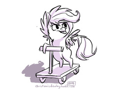 Size: 800x576 | Tagged: safe, artist:romaniz, scootaloo, pegasus, pony, g4, bipedal, bipedal leaning, chibi, female, leaning, monochrome, scooter, solo, tongue out