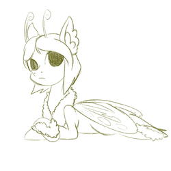 Size: 700x700 | Tagged: safe, artist:anonymous, oc, oc only, oc:sepia, mothpony, ear fluff, female, fluffy, looking at you, lying down, mare, monochrome, simple background, solo, white background