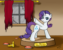 Size: 1280x1024 | Tagged: safe, artist:rainbowflashover, rarity, pony, unicorn, fallout equestria, g4, bottlecap, broken glasses, bullet, caps, fanfic, fanfic art, female, figurine, glasses, hat, hooves, horn, mare, ministry mares, ministry mares statuette, phylactery, rain, smiling, solo, soul jar, sparkle cola, text, window