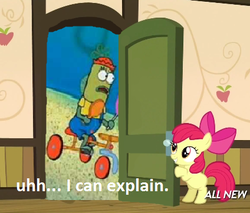 Size: 424x362 | Tagged: safe, apple bloom, g4, my little pony: friendship is magic, somepony to watch over me, 1000 hours in ms paint, apple closet, exploitable meme, meme, ms paint, prehibernation week, spongebob squarepants, uhh i can explain