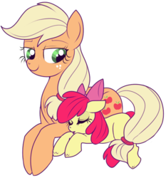Size: 503x539 | Tagged: safe, artist:lulubell, apple bloom, applejack, g4, eyes closed, floppy ears, prone, simple background, sleeping, smiling, transparent background