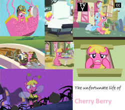 Size: 1700x1500 | Tagged: safe, edit, edited screencap, screencap, bon bon, cherry berry, linky, shoeshine, spike, sweetie drops, dragon, earth pony, pony, spider, g4, luna eclipsed, putting your hoof down, the mysterious mare do well, too many pinkie pies, aviator hat, background pony, balloon, bee costume, cart, clothes, collage, compilation, female, hat, hot air balloon, male, mare, nightmare night, pink text, rubbish, surgery, trash, twinkling balloon