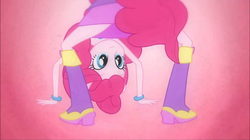 Size: 1440x808 | Tagged: safe, screencap, pinkie pie, equestria girls, g4, my little pony equestria girls, boots, bracelet, fall formal outfits, female, high heel boots, jewelry, looking between legs, ponytail, solo