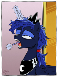 Size: 1430x1891 | Tagged: safe, artist:muffinexplosion, princess luna, g4, alternate hairstyle, bathroom, bed mane, brushing teeth, female, magic, messy mane, morning ponies, solo, tired, toothbrush