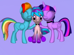 Size: 768x576 | Tagged: safe, rainbow dash, twilight sparkle, oc, oc:shiny dawn, alicorn, pegasus, pony, ponylumen, g4, 3d pony creator, choker, colored wings, eyes closed, female, gradient hooves, gradient wings, lesbian, looking at you, magical lesbian spawn, mama twilight, mare, nuzzling, offspring, ship:twidash, shipping, sitting, smiling, standing, twilight sparkle (alicorn)