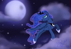 Size: 1024x712 | Tagged: safe, artist:britishmindslave, princess luna, alicorn, pony, g4, cloud, female, flying, mare, moon, solo