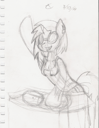Size: 1817x2344 | Tagged: safe, artist:chatooka, dj pon-3, vinyl scratch, anthro, g4, cleavage, clothes, ear piercing, female, goggles, monochrome, piercing, sketch, solo, sunglasses, tank top, turntable