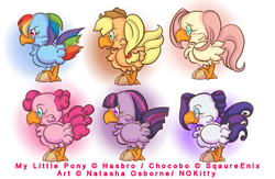 Size: 826x540 | Tagged: safe, artist:missnokitty, applejack, fluttershy, pinkie pie, rainbow dash, rarity, twilight sparkle, chocobo, g4, blush sticker, blushing, cute, final fantasy, glare, lidded eyes, mane six, open mouth, simple background, smiling, smirk, species swap, white background