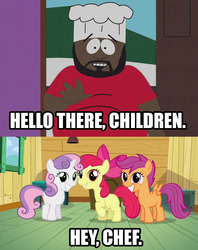 Size: 844x1068 | Tagged: safe, apple bloom, scootaloo, sweetie belle, g4, chef, cutie mark crusaders, image macro, meme, south park