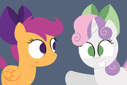 Size: 1280x853 | Tagged: safe, artist:dtcx97, scootaloo, sweetie belle, g4, somepony to watch over me, bow, female, filly, foal, grin, raised hoof, simple background, smiling