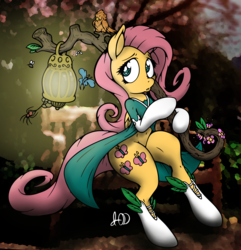 Size: 2547x2642 | Tagged: safe, artist:dfectivedvice, color edit, fluttershy, insect, g4, animal, belly button, carrying, colored, female, high res, solo, staff