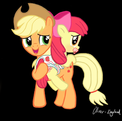 Size: 724x715 | Tagged: dead source, safe, artist:oliver-england, apple bloom, applejack, g4, somepony to watch over me, baby, cutie mark diapers, diaper, pacifier, wtf