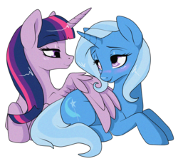 Size: 600x542 | Tagged: dead source, safe, artist:sugarcup, trixie, twilight sparkle, alicorn, pony, g4, bedroom eyes, blushing, eye contact, female, hug, lesbian, mare, prone, ship:twixie, shipping, smiling, twilight sparkle (alicorn), winghug