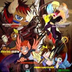 Size: 768x768 | Tagged: safe, artist:frist44, oc, oc only, oc:ibeabronyrapper, oc:ibringdalulz, oc:injustrial, oc:prince whateverer, oc:rhyme flow, oc:skyline, human, pegasus, pony, anarchy, cover art, group, guitar, humanized, lightning, microphone, music, stereo, wings