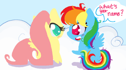 Size: 907x508 | Tagged: safe, artist:inktehkitty, fluttershy, rainbow dash, g4, blushing, cloud, cute, dashabetes, dialogue, filly, hair over one eye, origins, shy, shyabetes, young, younger