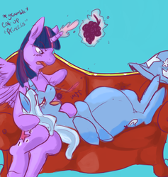 Size: 1274x1345 | Tagged: safe, artist:dolly, artist:twizzle, trixie, twilight sparkle, alicorn, pony, g4, annoyed, bedroom eyes, belly, blushing, colored, couch, cuddling, feeding, female, glare, grapes, lesbian, magic, magical lesbian spawn, mare, offspring, on back, open mouth, pregnant, ship:twixie, shipping, sitting, smiling, snuggling, telekinesis, twilight sparkle (alicorn)