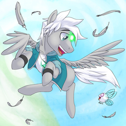 Size: 864x864 | Tagged: safe, artist:tarenest, oc, oc only, oc:bit, oc:zephyr wing, parasprite, pegasus, pony, clothes, crystal, feather, flying, looking at each other, open mouth, sky, smiling, spread wings