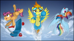 Size: 1024x576 | Tagged: safe, artist:tetrapony, rainbow dash, scootaloo, spitfire, g4, clothes, scooter, torn clothes, wonderbolts uniform