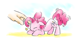 Size: 1344x704 | Tagged: safe, artist:annie-aya, pinkie pie, human, g4, bubble berry, disembodied hand, eyes closed, floppy ears, hand, micro, rule 63, scratching, smiling, stars, tail wag