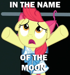 Size: 494x531 | Tagged: safe, edit, edited screencap, screencap, apple bloom, earth pony, pony, g4, one bad apple, caption, female, filly, image macro, meme, sailor moon (series), solo, text