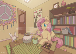 Size: 1280x911 | Tagged: safe, artist:lonelycross, angel bunny, fluttershy, pegasus, pony, rabbit, g4, animal, bonsai, cottagecore, cute, drink, eating, female, food, hippie, hippieshy, interior, mare, pet, poster, shyabetes, table, tea