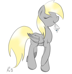 Size: 2915x3000 | Tagged: safe, artist:holomouse, derpy hooves, pegasus, pony, g4, eyes closed, female, high res, letter, mare, mouth hold, simple background, smiling, solo, transparent background
