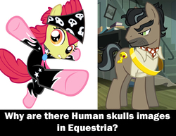Size: 700x539 | Tagged: safe, edit, edited screencap, screencap, apple bloom, doctor caballeron, earth pony, pony, daring don't, g4, the show stoppers, caption, clothes, cropped, female, filly, male, meta, question, rings of scorchero, show stopper outfits, skull, stallion