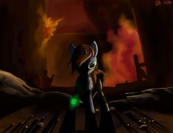 Size: 1183x914 | Tagged: safe, artist:greyscaleart, oc, oc only, oc:littlepip, pony, unicorn, fallout equestria, action, explosion, fallout, fanfic, fanfic art, female, fire, hooves, horn, mare, pipbuck, solo, wasteland
