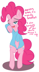 Size: 899x1660 | Tagged: safe, artist:mostazathy, pinkie pie, earth pony, pony, g4, bipedal, bottomless, clothes, covering, cute, dialogue, diapinkes, female, heart, morning ponies, shirt, shirt pull, solo, tired
