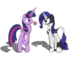 Size: 5000x4000 | Tagged: safe, artist:holomouse, rarity, twilight sparkle, cow, cow pony, pony, g4, burger, cowified, funny, height difference, horn, raricow, sharp horn, shocked, species swap, twilight sparkle (alicorn), udder