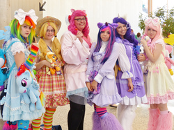 Size: 1600x1200 | Tagged: safe, artist:kyuproduction, applejack, fluttershy, pinkie pie, rainbow dash, rarity, twilight sparkle, human, g4, cosplay, irl, irl human, mane six, photo