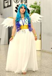 Size: 652x960 | Tagged: safe, artist:kyuproduction, princess celestia, human, g4, 2013, clothes, convention, cosplay, dress, irl, irl human, otakuthon, photo, solo