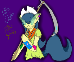 Size: 1022x845 | Tagged: safe, artist:pi9o, fiddlesticks, earth pony, pony, g4, apple family member, background pony, blue background, female, fiddlesticks (league of legends), league of legends, mare, pun, simple background, solo