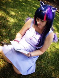 Size: 750x1000 | Tagged: safe, artist:xcrowehx, twilight sparkle, human, g4, book, brony fan fair, brony fan fair 2013, clothes, cosplay, costume, irl, irl human, photo, reading, solo, twilight sparkle (alicorn)