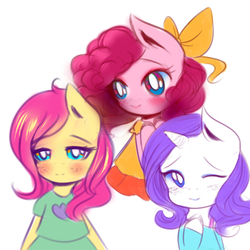 Size: 1000x1000 | Tagged: safe, artist:mimmi, fluttershy, pinkie pie, rarity, anthro, g4, ambiguous facial structure, chibi