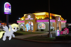 Size: 1620x1080 | Tagged: safe, edit, derpy hooves, fluttershy, pinkie pie, rainbow dash, rarity, pegasus, pony, g4, female, irl, mare, night, photo, ponies in real life, taco, taco bell, taco tuesday