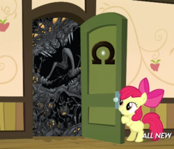 Size: 425x363 | Tagged: safe, apple bloom, demon, g4, my little pony: friendship is magic, somepony to watch over me, apple closet, black door, door, exploitable meme, locke and key, meme