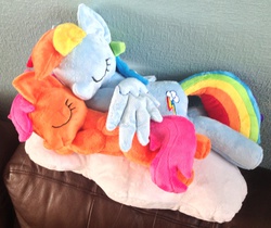 Size: 1661x1395 | Tagged: safe, artist:pinkamoone, rainbow dash, scootaloo, pegasus, pony, g4, blank flank, cloud, cuddling, eyes closed, female, filly, foal, hug, irl, lying down, mare, on a cloud, photo, plushie, prone, rainbow dash plushie, scootaloo plushie, scootalove, sleeping, sleeping on a cloud, smiling, spread wings, winghug, wings