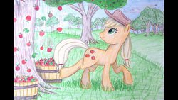 Size: 1191x670 | Tagged: safe, artist:thefriendlyelephant, applejack, rainbow dash, g4, apple orchard, applebucking, apples falling, buck, bucket, cowboy hat, female, hat, hill, solo, traditional art, tree