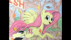 Size: 1191x670 | Tagged: safe, artist:thefriendlyelephant, fluttershy, g4, female, finish line, happy, running, running of the leaves, solo, traditional art, tree