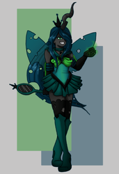 Size: 842x1233 | Tagged: safe, artist:dreamerswork, queen chrysalis, changeling, changeling queen, human, g4, boots, clothes, collar, female, horn, horned humanization, humanized, mirror, sailor moon (series), sailor senshi, skirt, solo, stockings, wand, winged humanization
