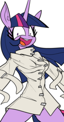 Size: 1046x2000 | Tagged: safe, artist:reiduran, twilight sparkle, anthro, g4, bottomless, breasts, busty twilight sparkle, clothes, female, insanity, looking at you, open mouth, simple background, smiling, solo, straitjacket, twilight snapple, white background, wide eyes